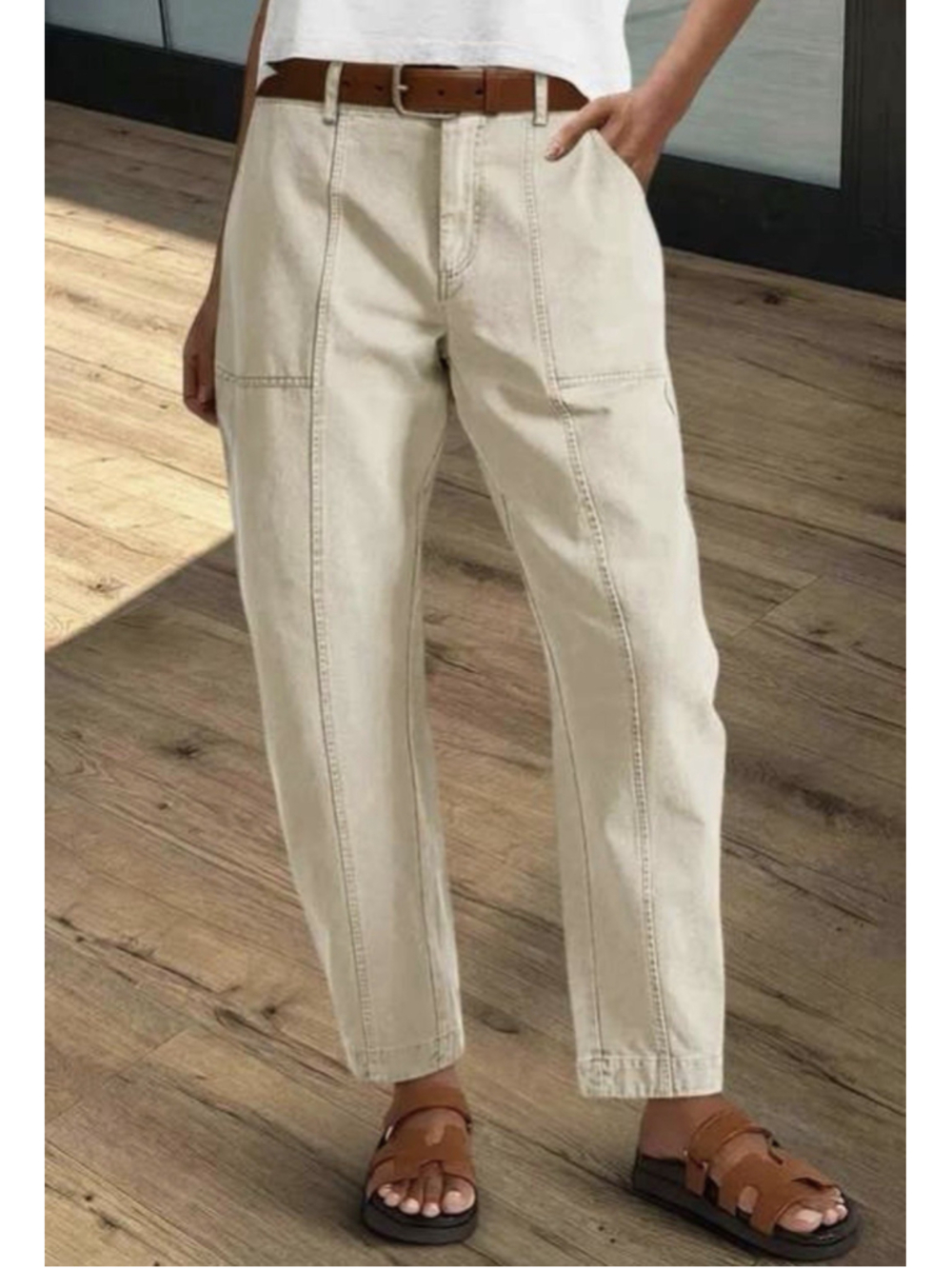 Solid Stitch Detail Mid Waist Barrel Leg Crop Pants XS